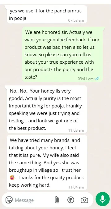 Whatsapp chat review of Swadeshi Basket Honey. Chat with Panditji. He is talking about good experience & purity of Swadeshi Basket Honey