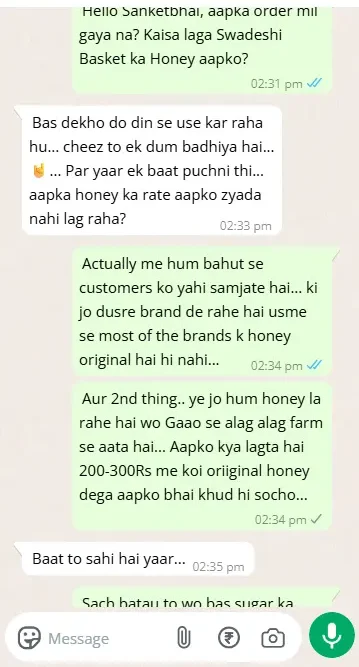 review of Swadeshi basket honey by typical Indian man. He is talking that product is good and pure but the cost is high while swadeshi basket explained that pure honey is rare and everyone is selling sugar water instead of honey