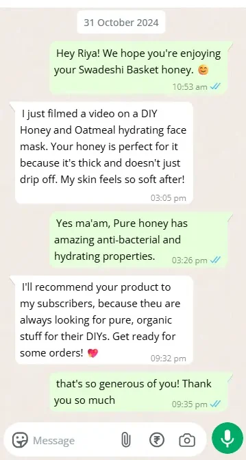 Riya a beauty parlor specialist giving swadeshi basket's honey review. She talked about how pure the honey was