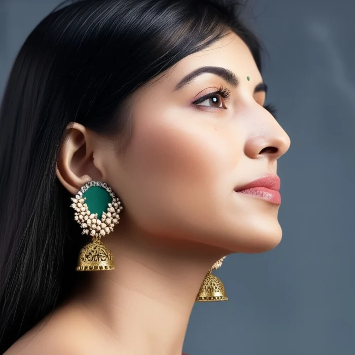 Woman wearing pair of handcrafted emerald green fabric jhumka earrings with a pearl border and an antique gold filigree bell