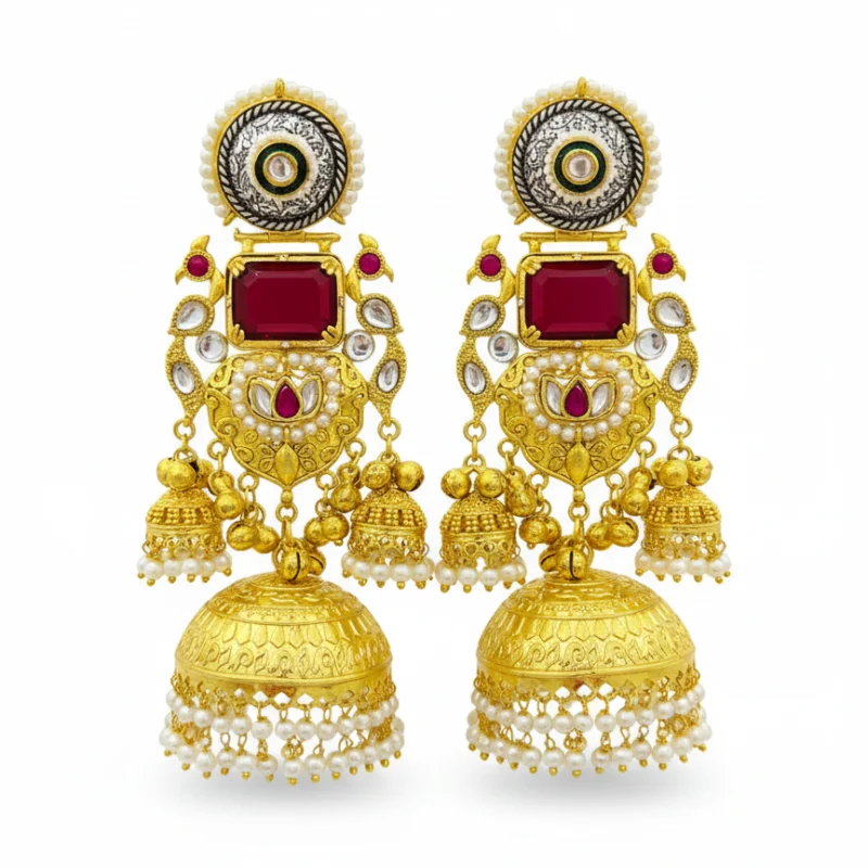 A pair of grand gold tone jhumka earrings with rectangular ruby red stones, preacock design, green enamel, and pearl detailing white background