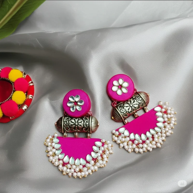 A pair of vibrant rani pink fabric chandbali earrings adorned with kundan stones and a delicate pearl border, placed on a white-colored background.