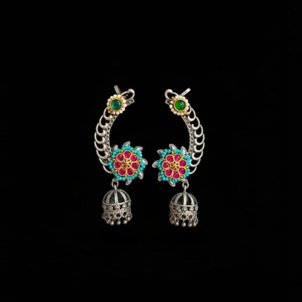 Flower Shaped Kundan Jhumka Earcuffs resting on Black Background