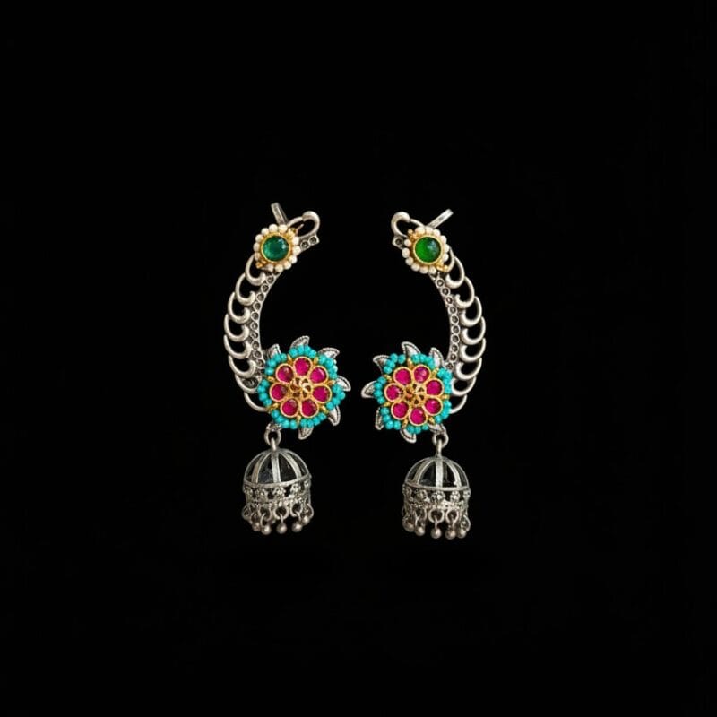 Flower Shaped Kundan Jhumka Earcuffs resting on Black Background