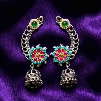 Flower Shaped Kundan Jhumka Earcuffs resting on dark bluish purple silk cloth