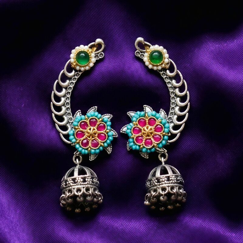 Flower Shaped Kundan Jhumka Earcuffs resting on dark bluish purple silk cloth