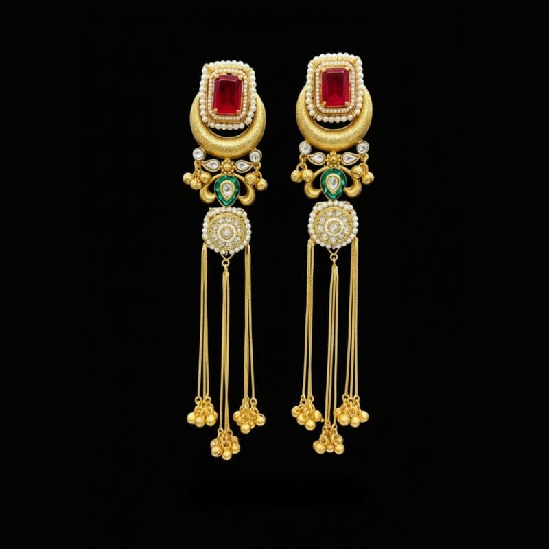 A pair of ornate golden brass Kashmiri design earrings. They feature a red rectangular stone, small pearls, green enamel details, and delicate dangling chains with small gold bells Black Background