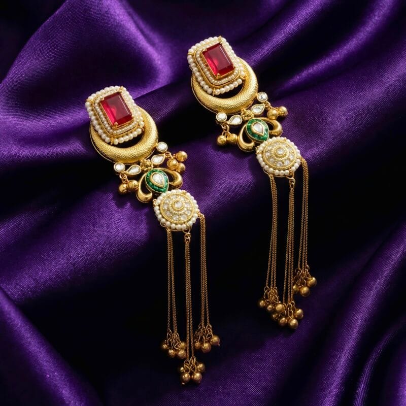 A pair of ornate golden brass Kashmiri design earrings. They feature a red rectangular stone, small pearls, green enamel details, and delicate dangling chains with small gold bells placed on blueish purple silk cloth