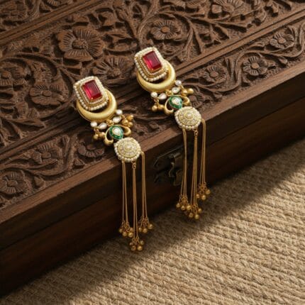 Kashmiri Design Golden Brass Earrings placed on Carved Wooden Box