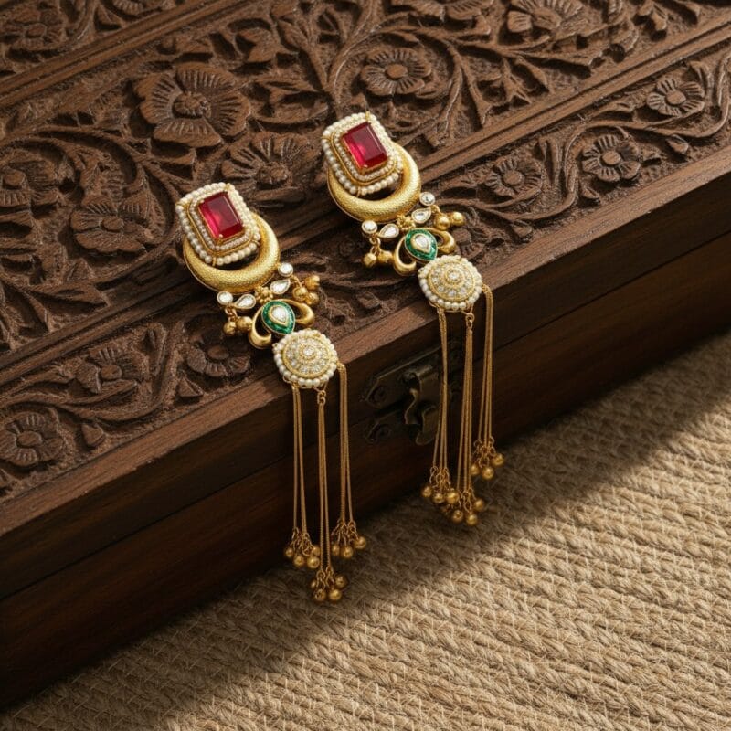 Kashmiri Design Golden Brass Earrings placed on Carved Wooden Box