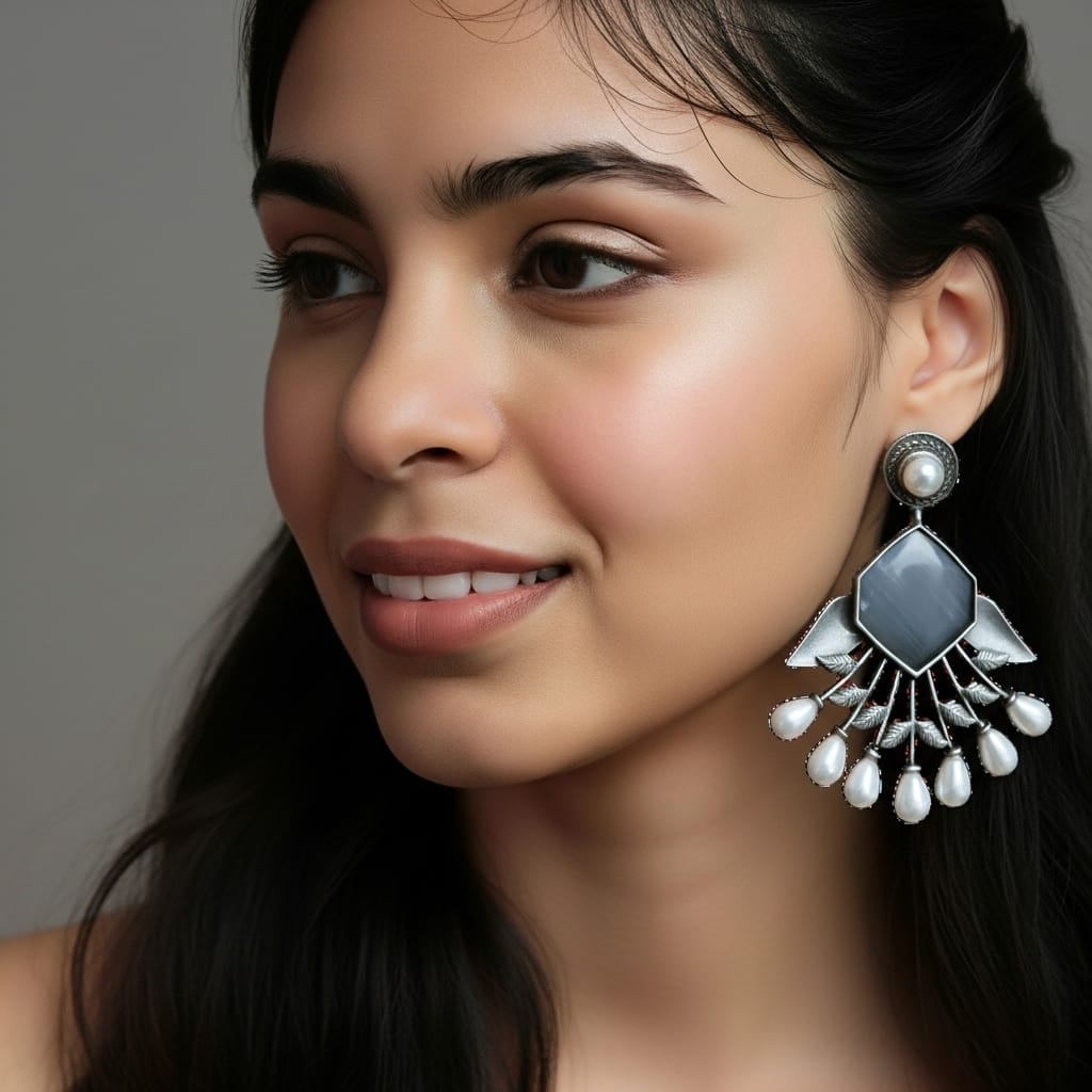 Model wearing Oxidized Grey Stone Pearl Dangler Earrings
