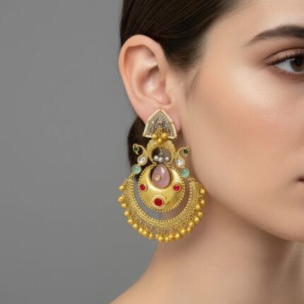 Model wearing golden Chandbali earrings with red, green, and pink stones, delicate pearls, and dangling golden beads