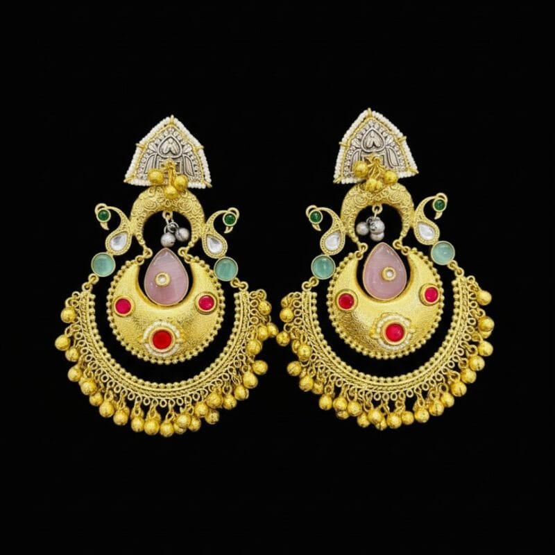 Pair of golden Chandbali earrings with red, green, and pink stones, delicate pearls, and dangling golden beads on a black background
