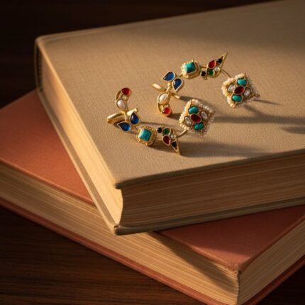 A pair of colorful Rainbow Paradise Kundan earcuffs with bird designs and pearls, resting on a Book