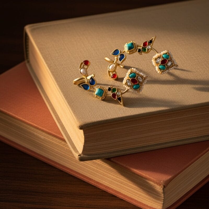 A pair of colorful Rainbow Paradise Kundan earcuffs with bird designs and pearls, resting on a Book
