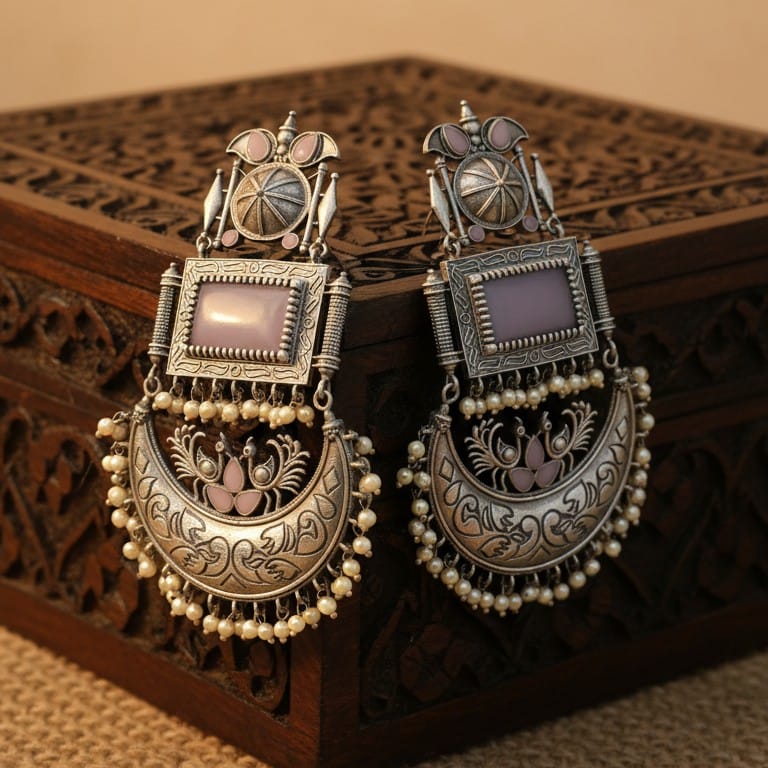 Close up of Swadeshi Oxidized Chandini Earrings with a lavender rectangular stone, crescent moon design, and pearl drops, on a carved wooden box.