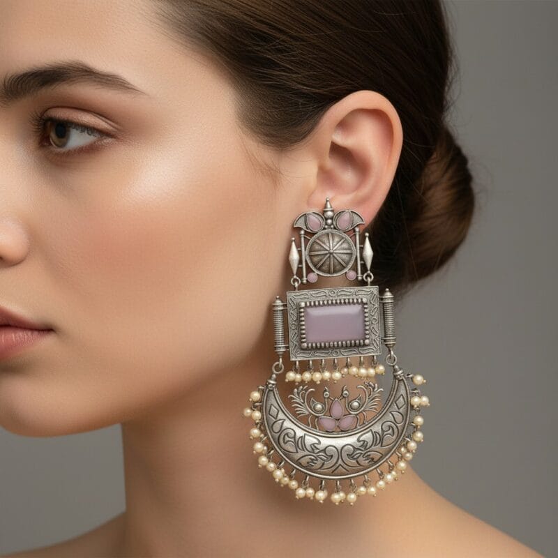 Close up of Model Wearing Swadeshi Oxidized Chandini Earrings with a lavender rectangular stone, crescent moon design, and pearl drops