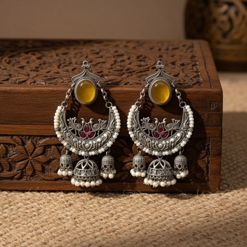 A pair of ornate oxidized silver Chandbali earrings with a yellow oval stone, ruby-red peacock designs, white pearls, and three dangling jhumkas, displayed on a carved wooden box.