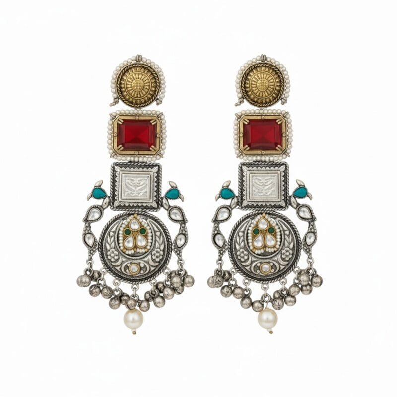 A pair of long traditional silver look earrings with square red Kundan stones, small pearls, teal accents, and silver ghungroos on a white background.