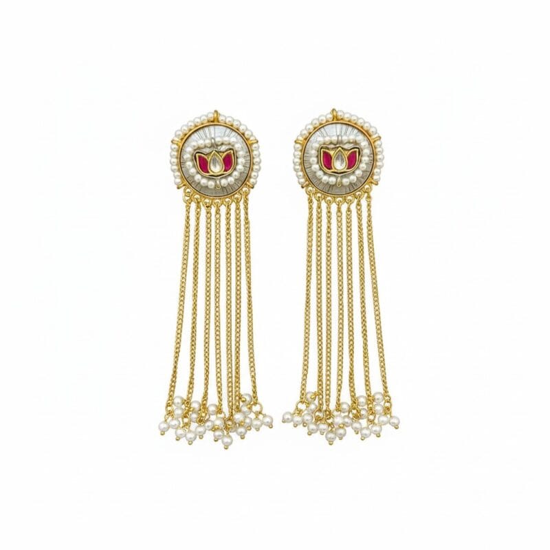 Traditional Lotus Pearl Dangle Earrings placed on White Background.