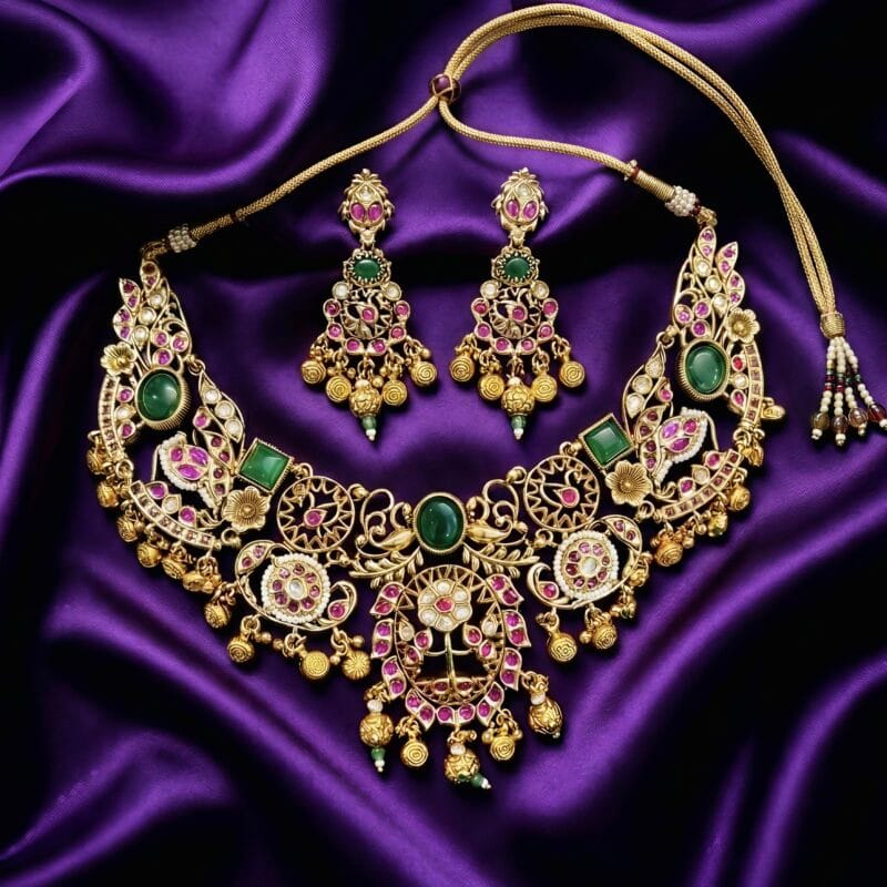 Antique gold-finish choker necklace with green and pink stones on a purple silk fabric background.
