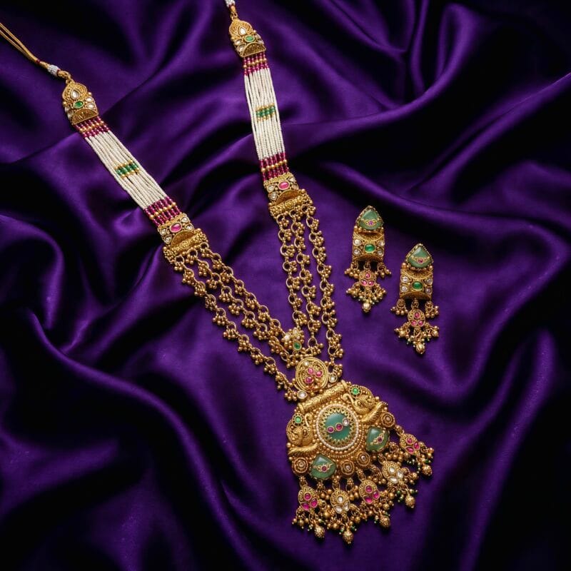 Gold-plated Rani Haar necklace with white bead strands and pink and green stones on a purple silk cloth.