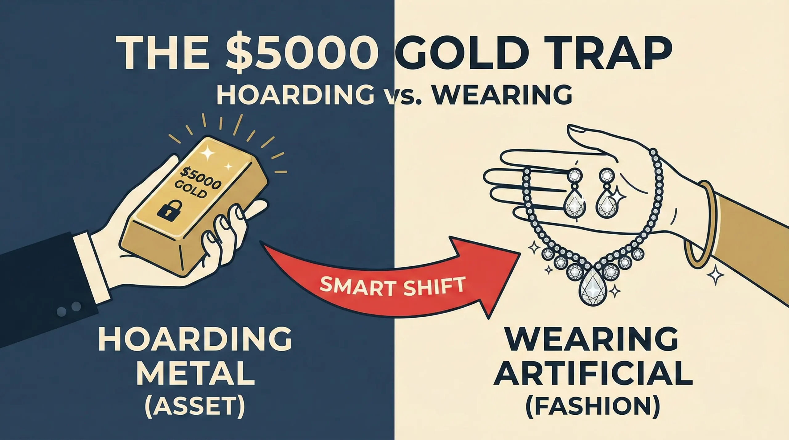An infographic titled "THE $5000 GOLD TRAP" and "HOARDING vs. WEARING". The left side, with a dark blue background, shows a hand in a suit holding a glowing gold bar labeled "$5000 GOLD" with a lock icon, and text below reads "HOARDING METAL (ASSET)". A red arrow labeled "SMART SHIFT" points to the right side. The right side, with a cream background, shows a hand holding a sparkling diamond necklace and earring set, with text below reading "WEARING ARTIFICIAL (FASHION)". The overall style is a clean, two-panel illustration.