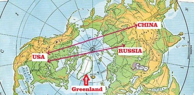 shortest missile path from Russia and China to USA with Greenland acting as a critical location for USA's Golden Dome Strategy