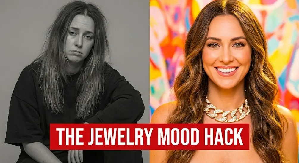 Transformation / Result Visual Layout (Split Screen): Left (Background muted/grey): The female creator looking slumped, tired, and wearing no jewelry. Right (Background bright/high contrast): The exact same female creator looking incredibly confident, making strong eye contact, shoulders back, wearing one massive, shiny gold geometric statement piece (like a chunky chain). Thumbnail Text: THE JEWELRY MOOD HACK. (White text on a solid red or black background block for maximum readability).