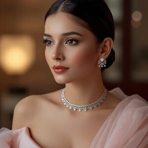 bride wearing pastel lehenga with minimal jewellery for engagement look