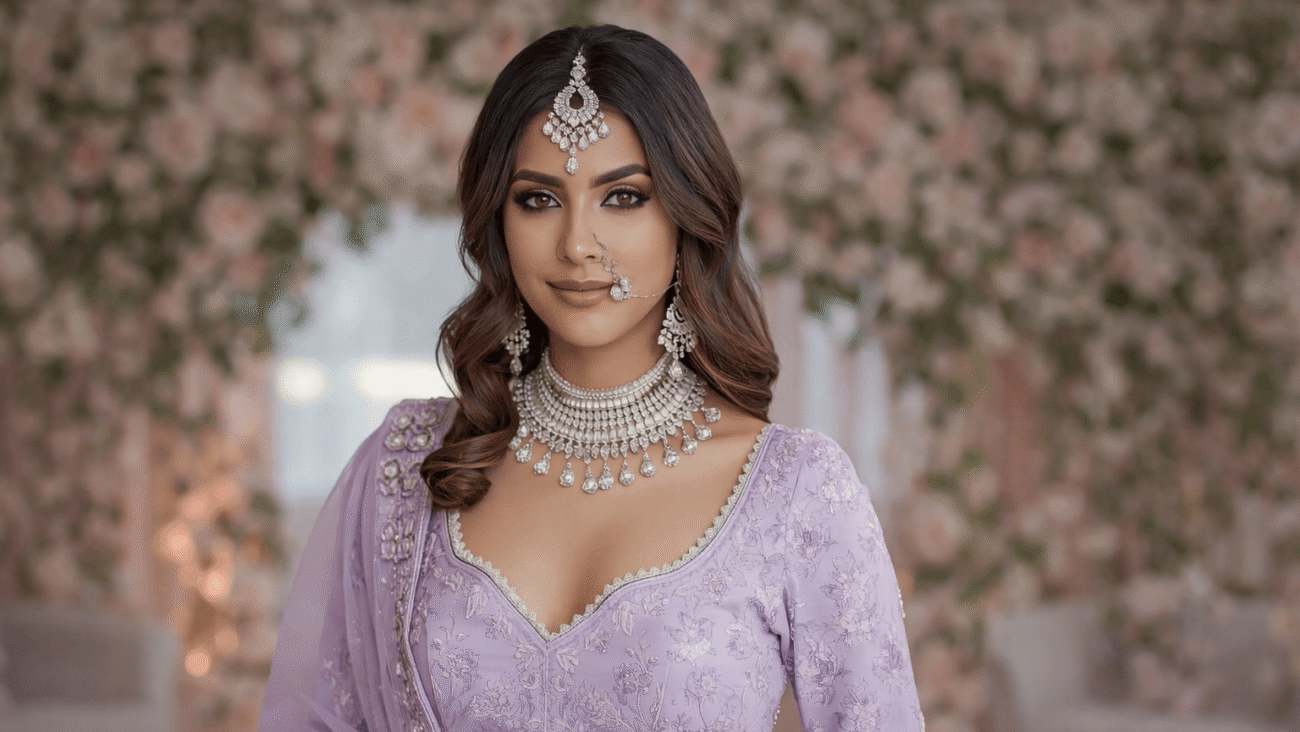 pastel lehnga bridal jewellery set with necklace, mangtikka and earrings.