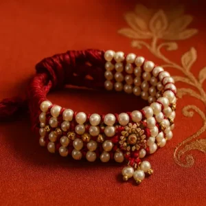 Traditional pauchi jewellery from Uttarakhand featuring multiple strings of golden beads worn around the wrist