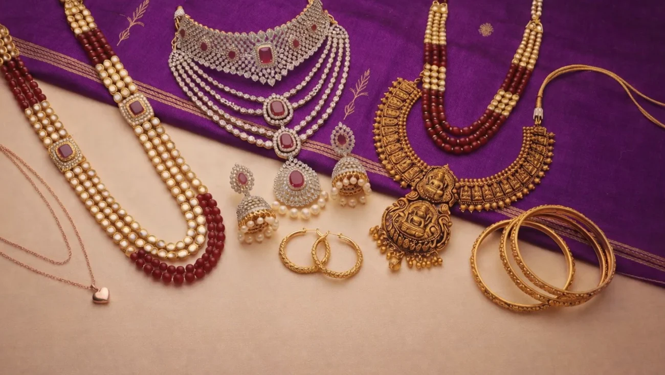Elegant Indian bridal jewellery collection with gold necklaces, bangles, earrings, and pearl strands on festive background