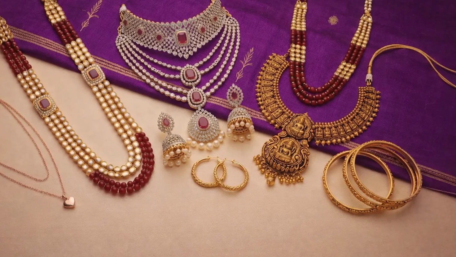 Elegant Indian bridal jewellery collection with gold necklaces, bangles, earrings, and pearl strands on festive background