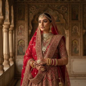 Bride wearing Red lehnga with Bridal jewellery 