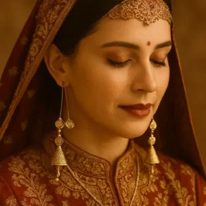 Kashmiri bride wearing a traditional dajoor long gold pendant and a bell-shaped drop hanging gracefully suspended from threads through the ear