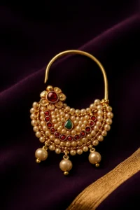 Traditional Peshwai nath (Maharashtrian nose ring) made of gold, decorated with small white pearls, red stones, and a green center stone, with hanging pearl drops, placed on a dark maroon cloth.