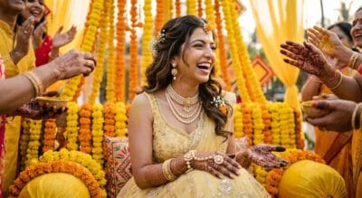 Bride wearing Pearl jewellery in haldi
