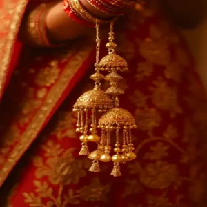 Traditional Punjabi bridal kalire ornate gold dangling ornaments with a dome-shaped charm, tiny bead chains attached to read and gold bangles