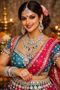 A woman dressed in a colourful Navratri outfit adorned with sparkling American diamond jewellery set, including necklace, bangles, and earrings.