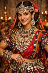 A woman dressed in festive Indian attire adorned with intricate temple jewellery, including layered gold necklaces, bangles, and a deity-inspired pendant.