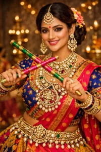 Smiling woman in colourful traditional attire holding dandiya sticks, wearing heavy Kundan jewellery with a layered necklace, earrings, and maang tikka.