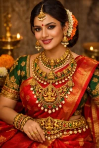 A woman dressed in festive Indian attire adorned with intricate temple jewellery, including layered gold necklaces, bangles, and a deity-inspired pendant.
