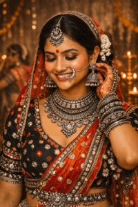 A woman dressed in vibrant Navratri attire featuring a black, red, and orange mirror-work chaniya choli and dupatta, adorned with oxidised silver jewellery, including a layered choker, maang tikka, large jhumka earrings, nose ring with chain, bangles, and hathphool