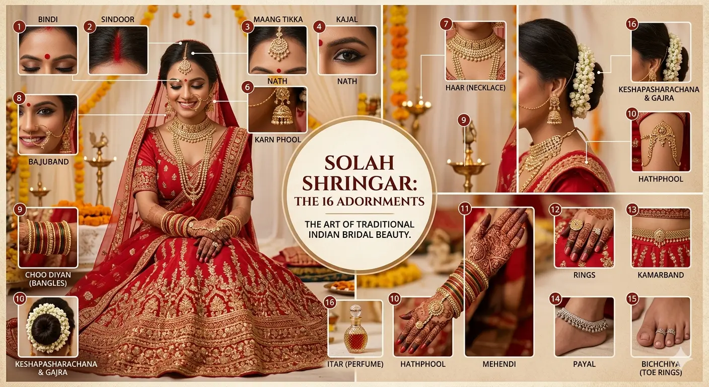 The sixteen bridal adornments, including bindi, sindoor, maang tikka, kajal, nose ring, earrings, necklaces, armlets, bangles, hathphool, mehendi, rings, waist belt, anklets, toe rings, and floral hair decorations — symbolising the artistry and heritage of Indian bridal beauty."