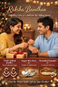 Raksha Bandhan celebration scene with a smiling Indian sister tying a rakhi on her brother’s wrist, both dressed in festive traditional attire. A gift box sits on the table in front of them, with warm decorative lights in the background. Text overlay highlights jewellery gift ideas including artificial jewellery, silver pieces, and personalised keepsakes