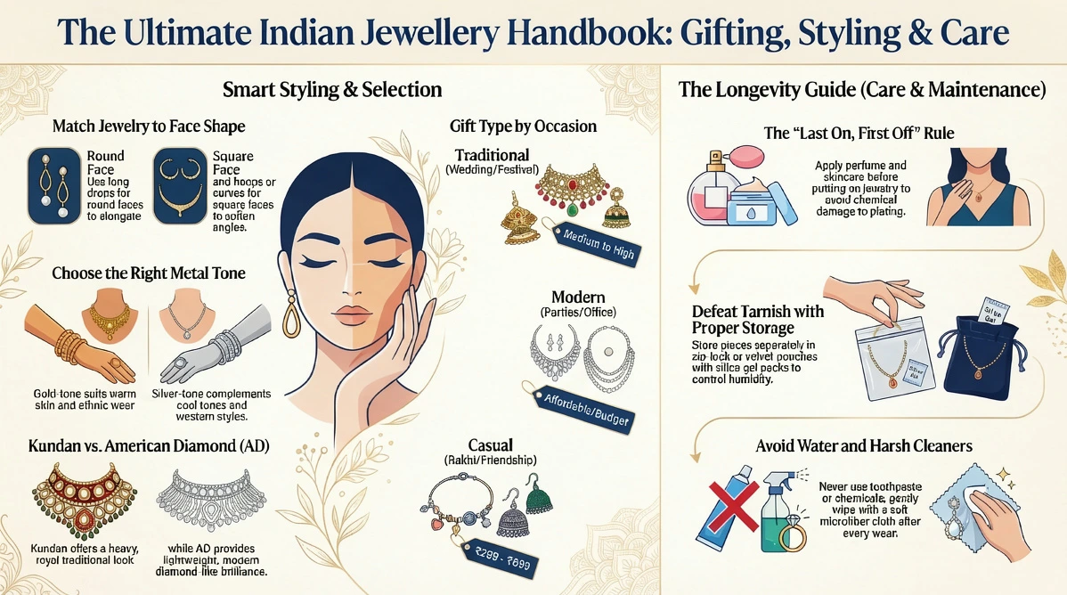 An infographic titled "Indian Jewellery Handbook: Styling & Care" showcasing various traditional Indian jewelry pieces, including gold necklaces and stone-studded earrings, with tips on how to wear and preserve them.