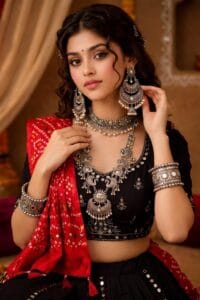 Navratri outfit styled with heavy oxidised jewellery including choker, jhumkas and bangles
