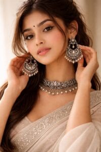 Woman wearing oxidised jewellery with cotton saree featuring statement choker and traditional earrings