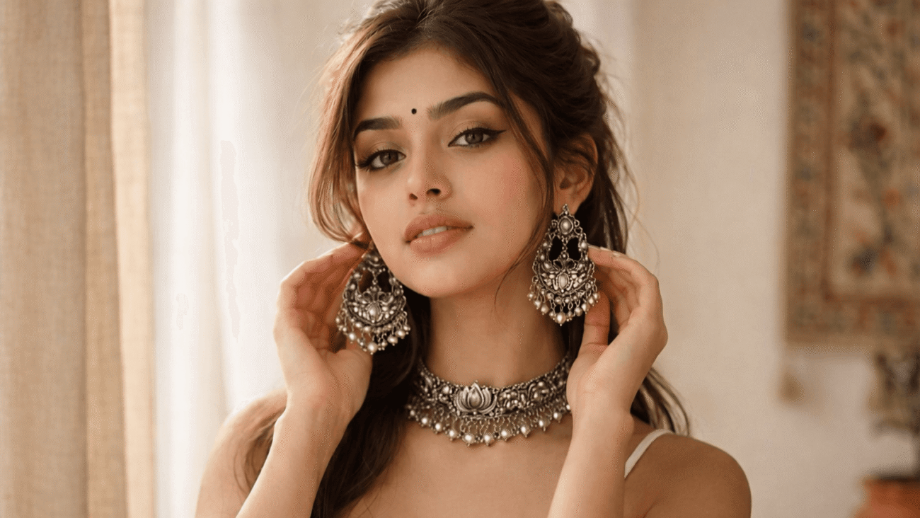 Oxidised silver choker and chandbali earrings styled on a young woman for a modern ethnic look